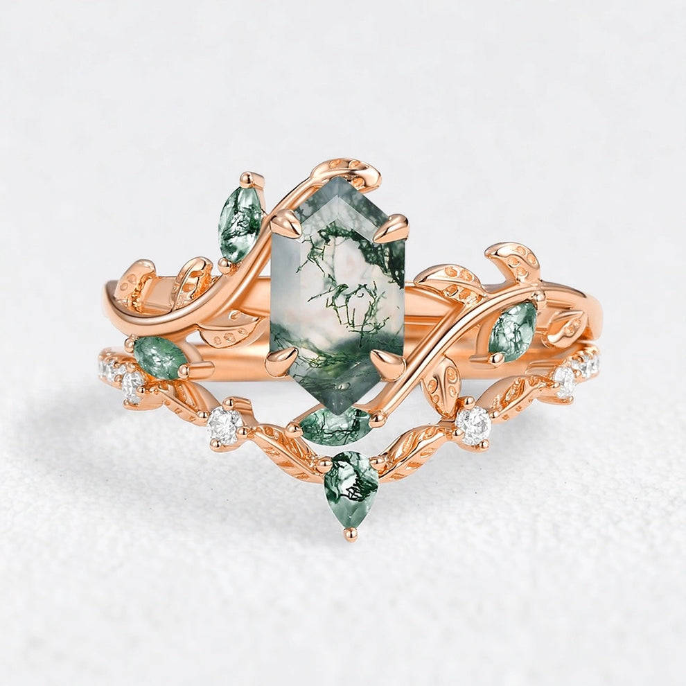 Daphne’s Laurel | Hexagon Cut Moss Agate & Emerald Vine Duo