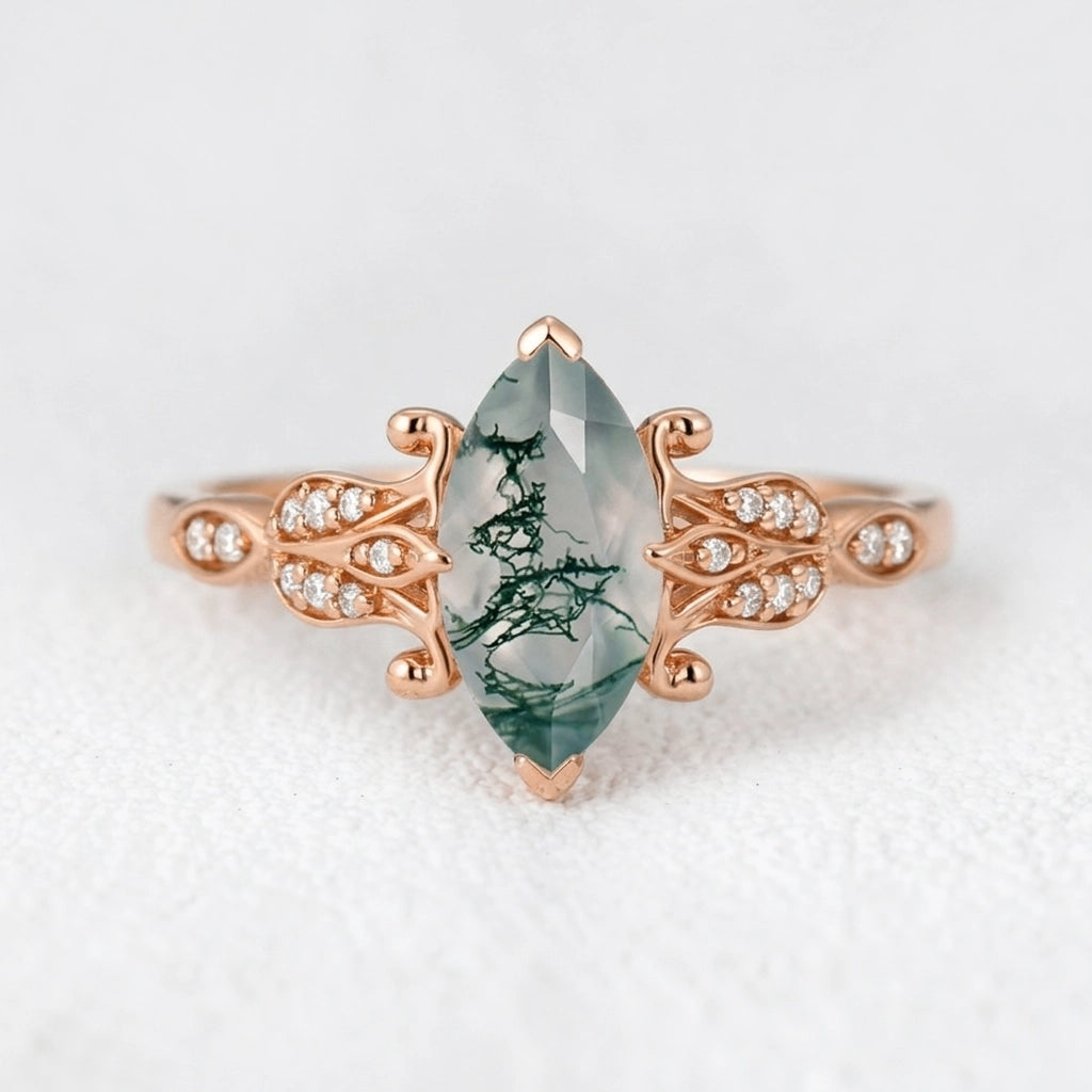 Sylvie’s Shade | Marquise Cut Moss Agate Leaf Vintage Engagement Ring.