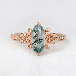 Sylvie’s Shade | Marquise Cut Moss Agate Leaf Vintage Engagement Ring.