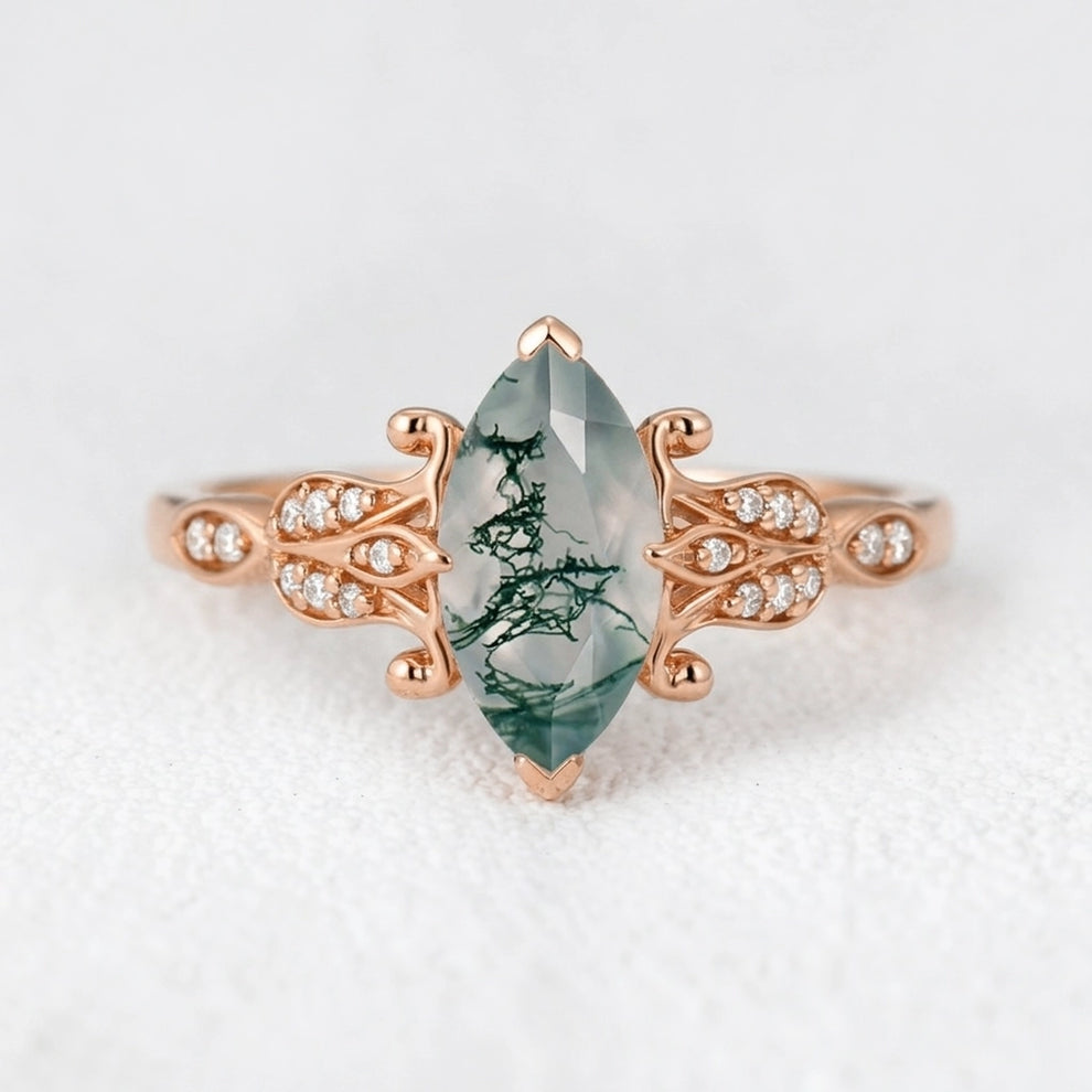 Sylvie’s Shade | Marquise Cut Moss Agate Leaf Vintage Engagement Ring.