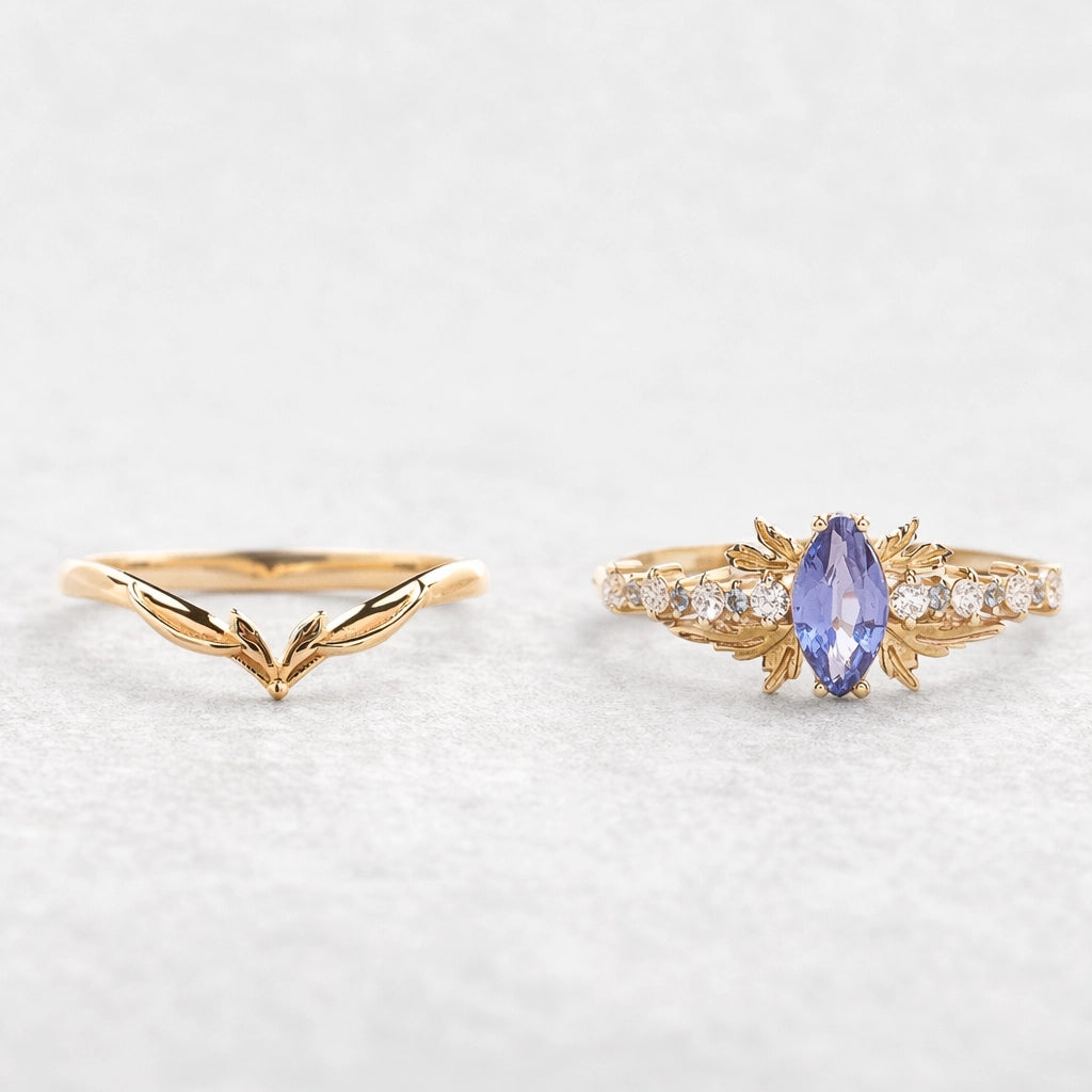 Aurora’s Fairy Wing | Marquise Natural Sapphire Vintage Bridal Set 2pcs.
