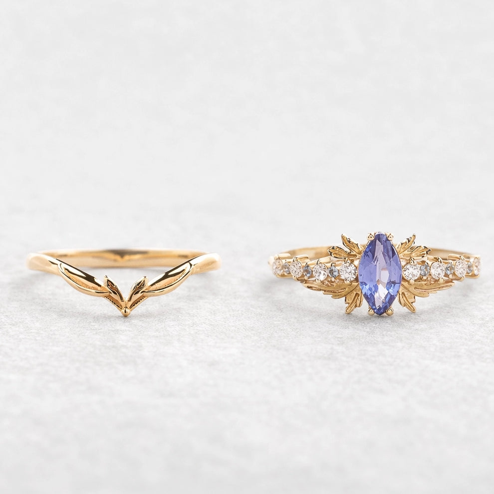 Aurora’s Fairy Wing | Marquise Natural Sapphire Vintage Bridal Set 2pcs.
