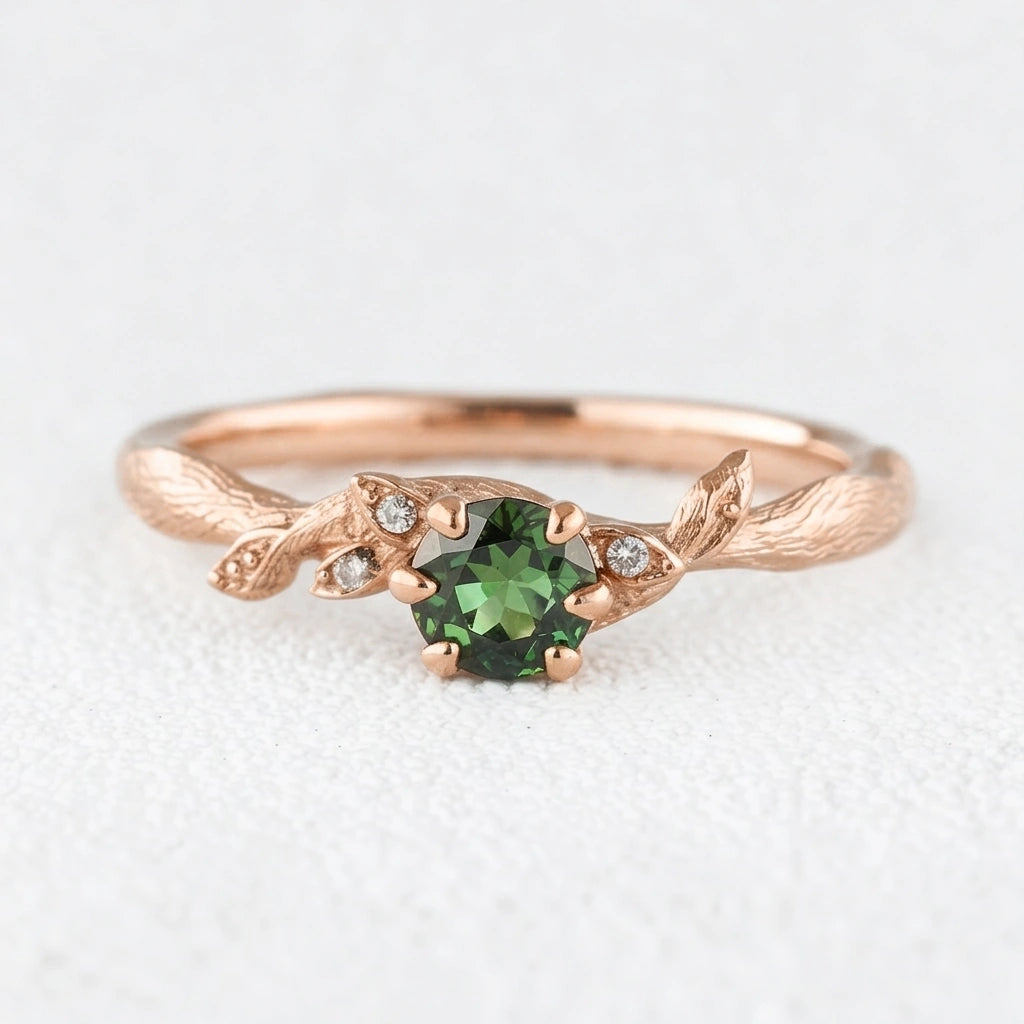 Fairy Glen | Teal Sapphire Engagement Ring with Leaf Band
