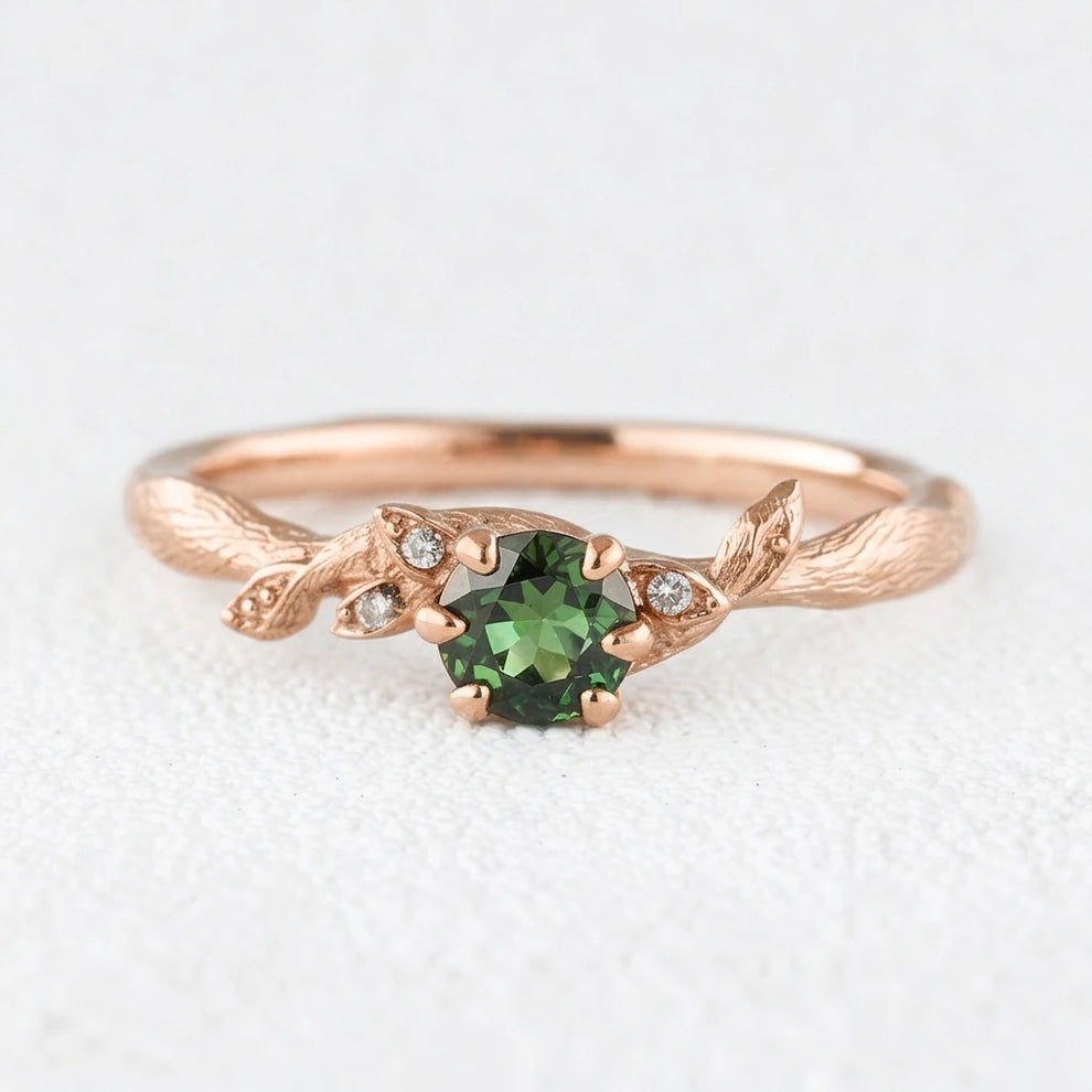 Fairy Glen | Teal Sapphire Engagement Ring with Leaf Band