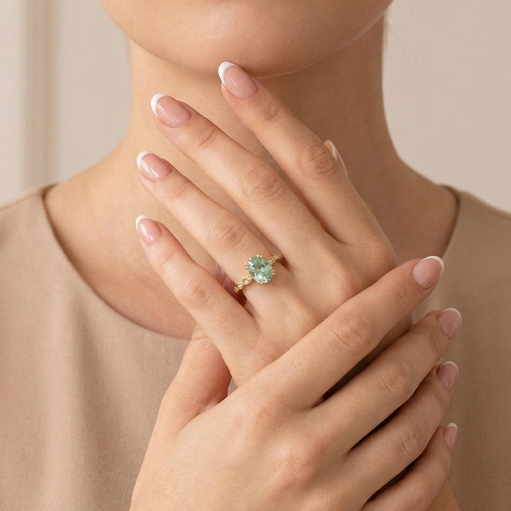 Lydia's Lace | 2CT Oval Green Sapphire Engagement Ring with Lace-Trim Diamond Band.