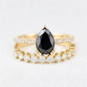 Grace’s Eclipse | Pear Cut Black Diamond Solitaire & Diamond Band Bridal Set 2pcs.