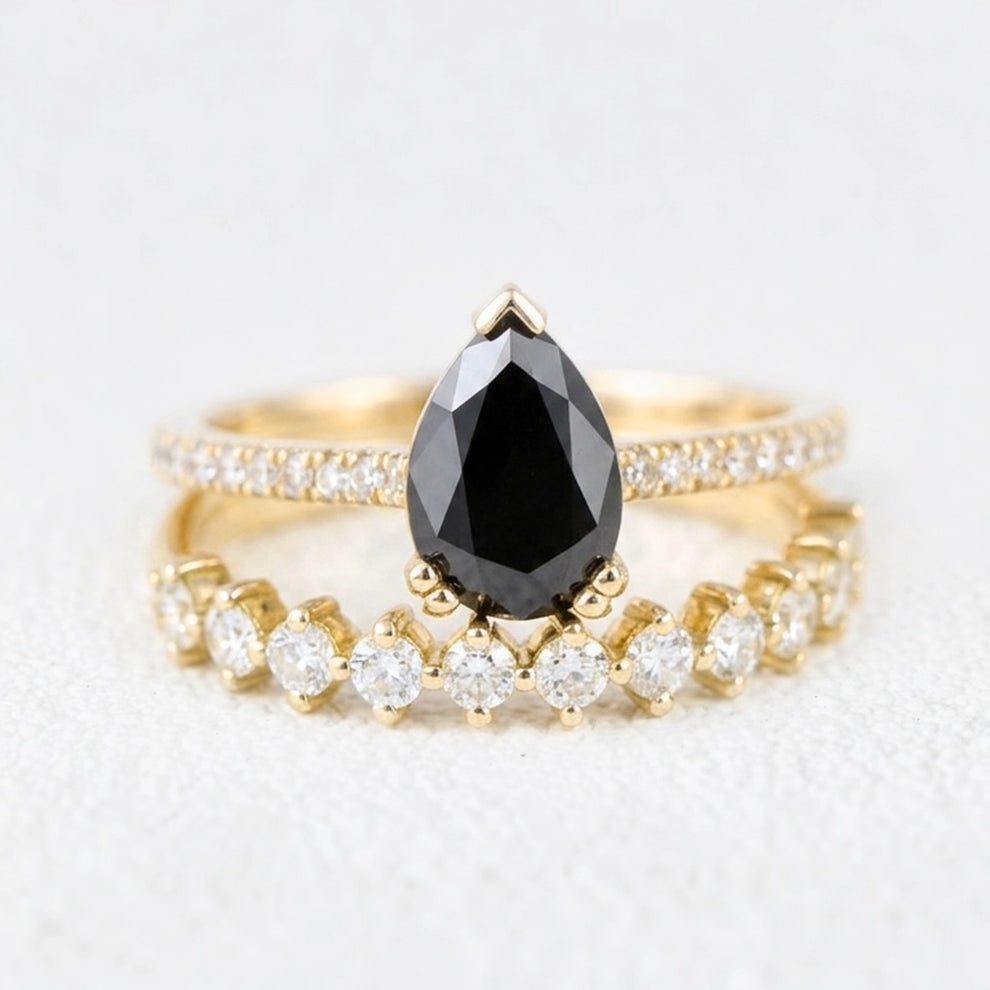 Grace’s Eclipse | Pear Cut Black Diamond Solitaire & Diamond Band Bridal Set 2pcs.