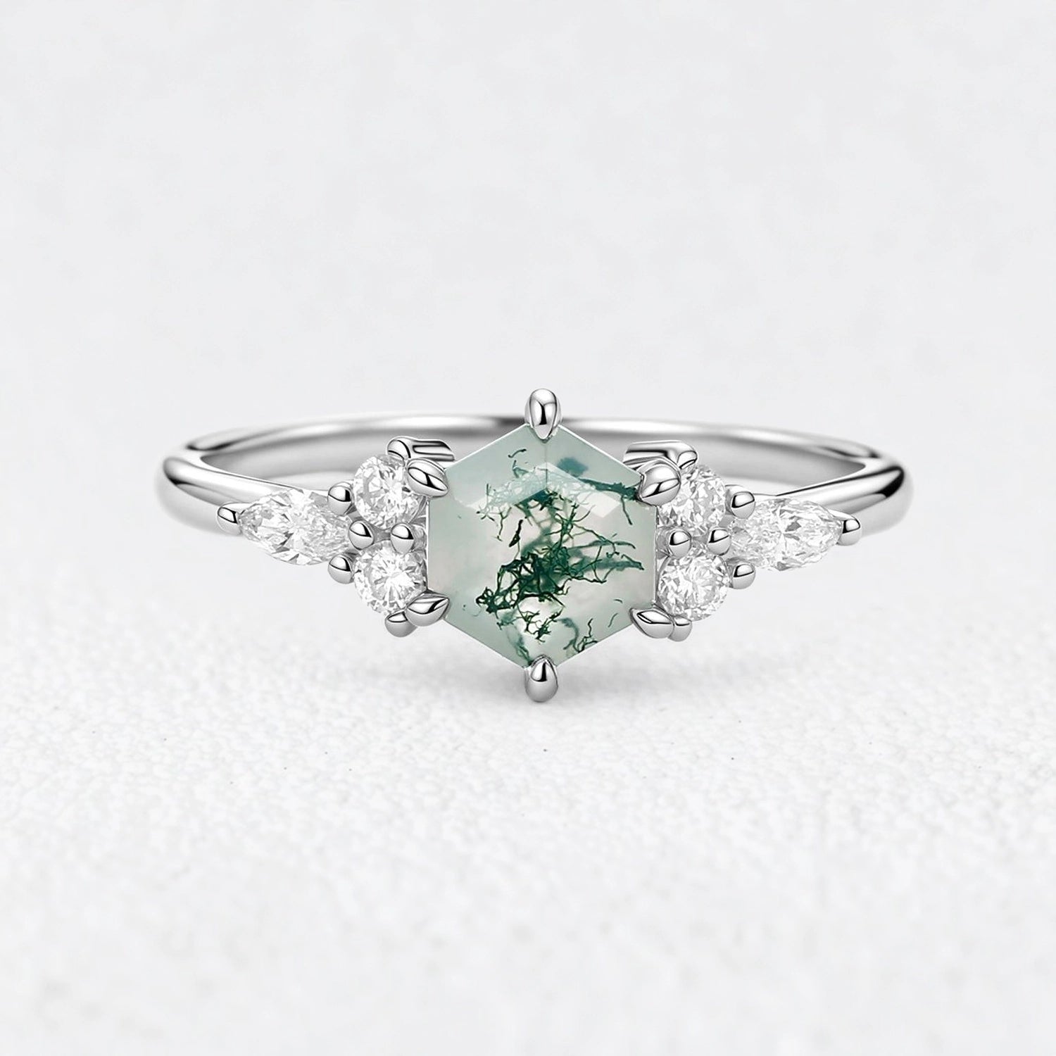 Hazel‘s Glade | Hexagon Moss Agate Cluster Engagement Ring