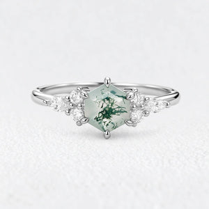 Hazel‘s Glade | Hexagon Moss Agate Cluster Engagement Ring