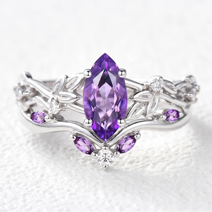 Violet’s Twig | Vintage Marquise Amethyst & Diamond Bridal Set 2pcs.