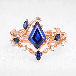 Penelope’s Veil | 1CT Kite Cut Blue Sapphire Foliage Bridal Duo