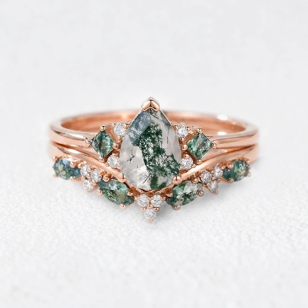 Sylvie’s Vine | Pear Cut Moss Agate Engagement Ring Set 2pcs.