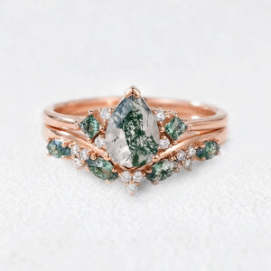 Sylvie’s Vine | Pear Cut Moss Agate Engagement Ring Set 2pcs