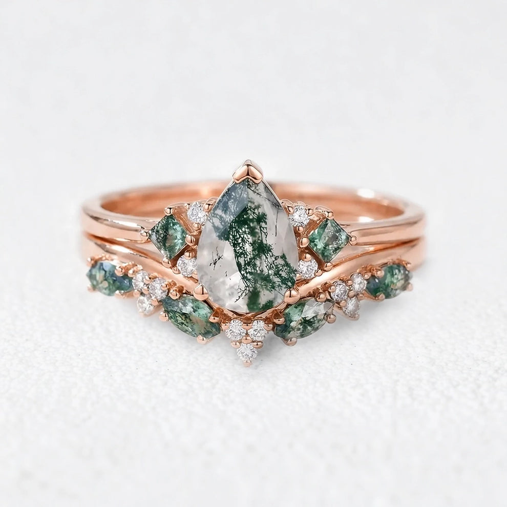 Sylvie’s Vine | Pear Cut Moss Agate Engagement Ring Set 2pcs.
