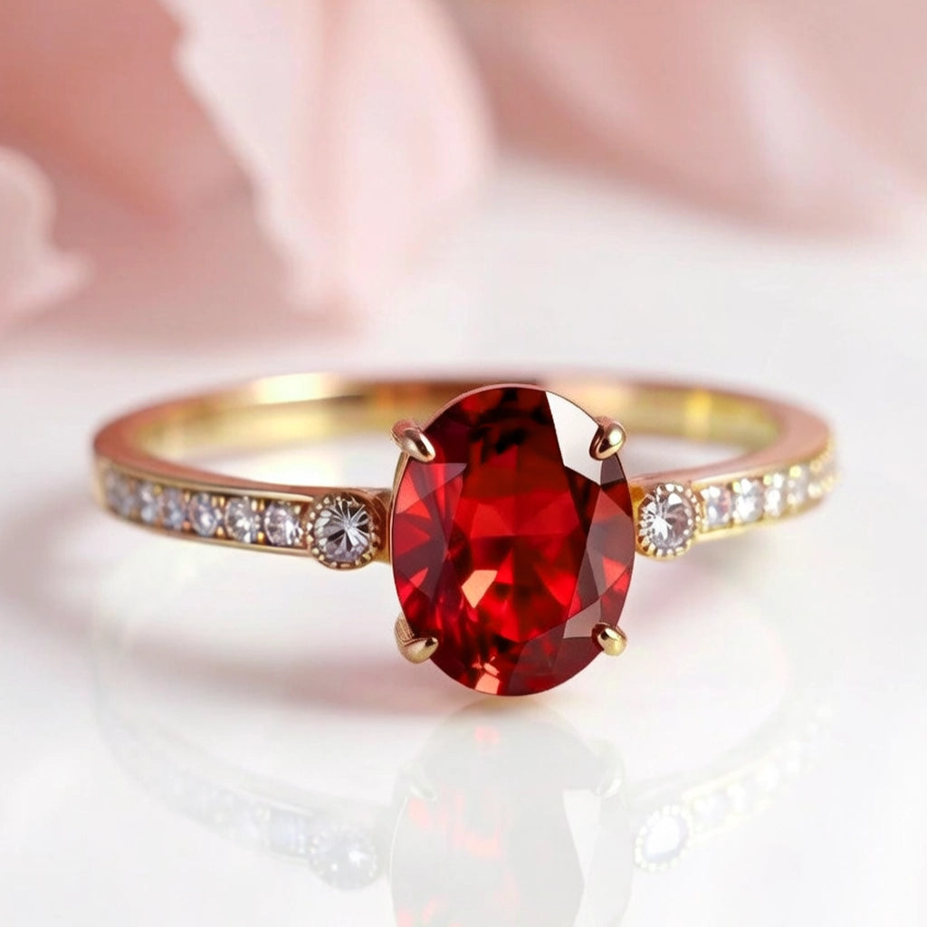 Iris’s Blaze | 2CT Oval-Cut Red Gemstone Ring.