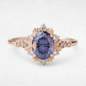 Rosalind’s Aurora | 1CT Fantasy-Cut Oval Alexandrite Halo Engagement Ring