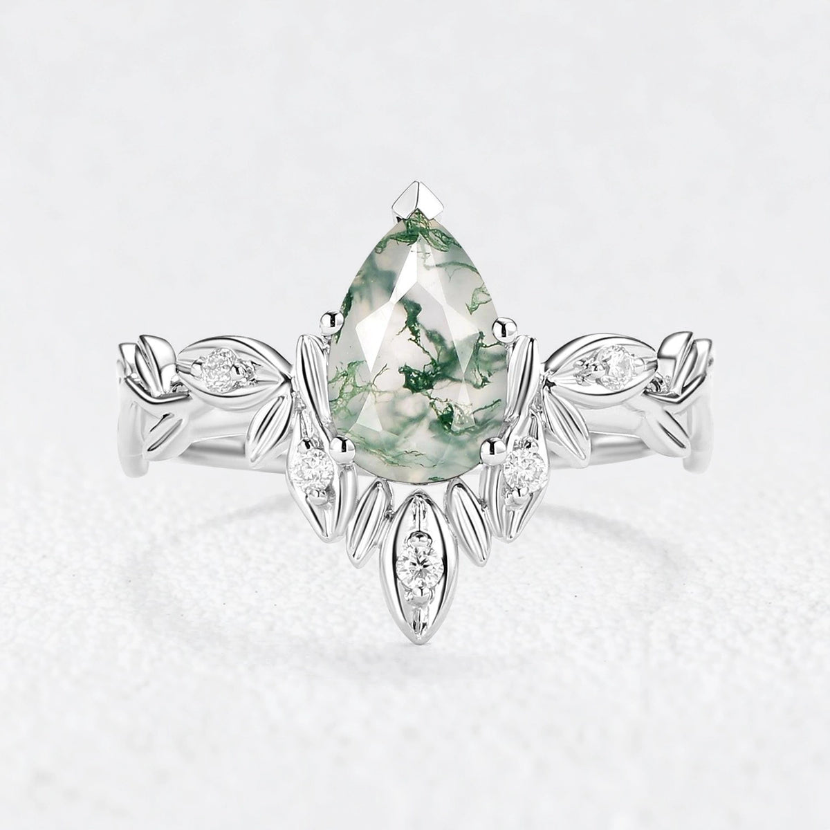 Calista’s Frond | Pear Cut Moss Agate Leafy Engagement Ring