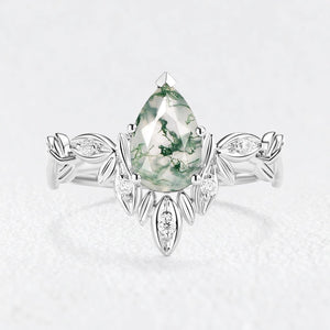 Calista’s Frond | Pear Cut Moss Agate Leafy Engagement Ring