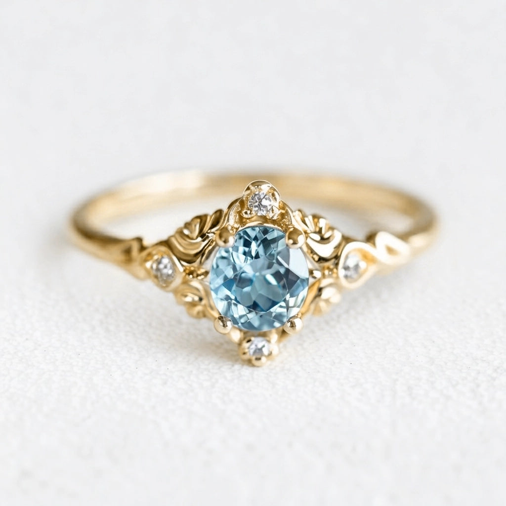 Marina’s Lace | Round Aquamarine Engagement Ring with Filigree Setting.