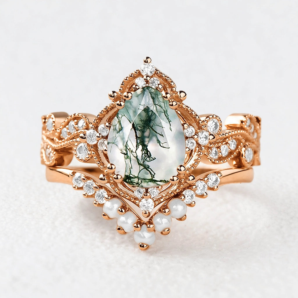 Nyx’s Eclipse | Black Gold Pear Moss Agate & Pearl Engagement Ring Set 2pcs