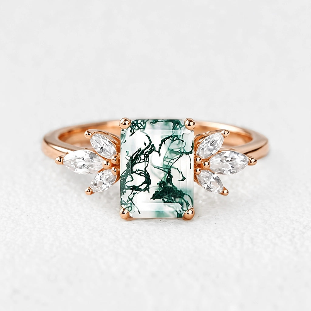 Sylvie’s Lattice | Emerald Cut Moss Agate Cluster Engagement Ring
