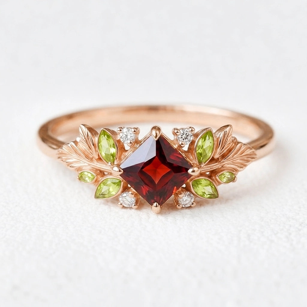 Scarlett’s Harvest | Square Leafy Red Garnet Engagement Ring.