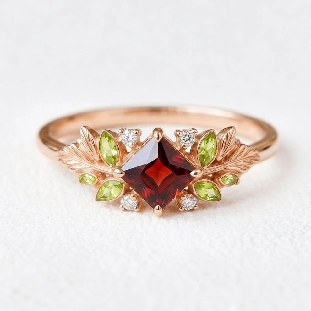 Scarlett’s Harvest | Square Leafy Red Garnet Engagement Ring.