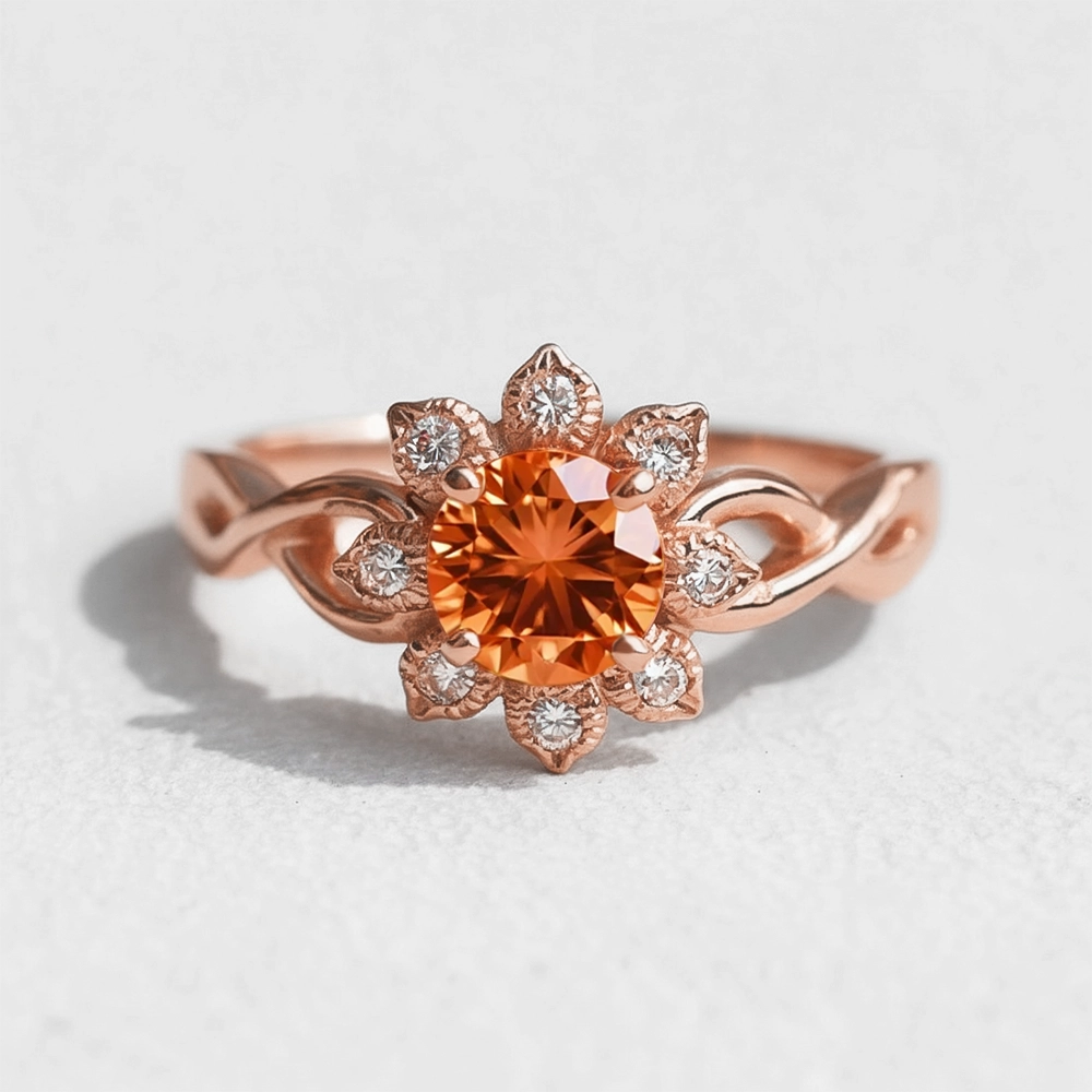 Ivy’s Corolla | Round Orange Garnet Engagement Ring with Petal Halo.