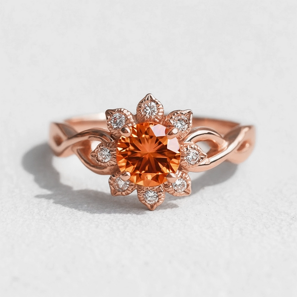 Ivy’s Corolla | Round Orange Garnet Engagement Ring with Petal Halo.