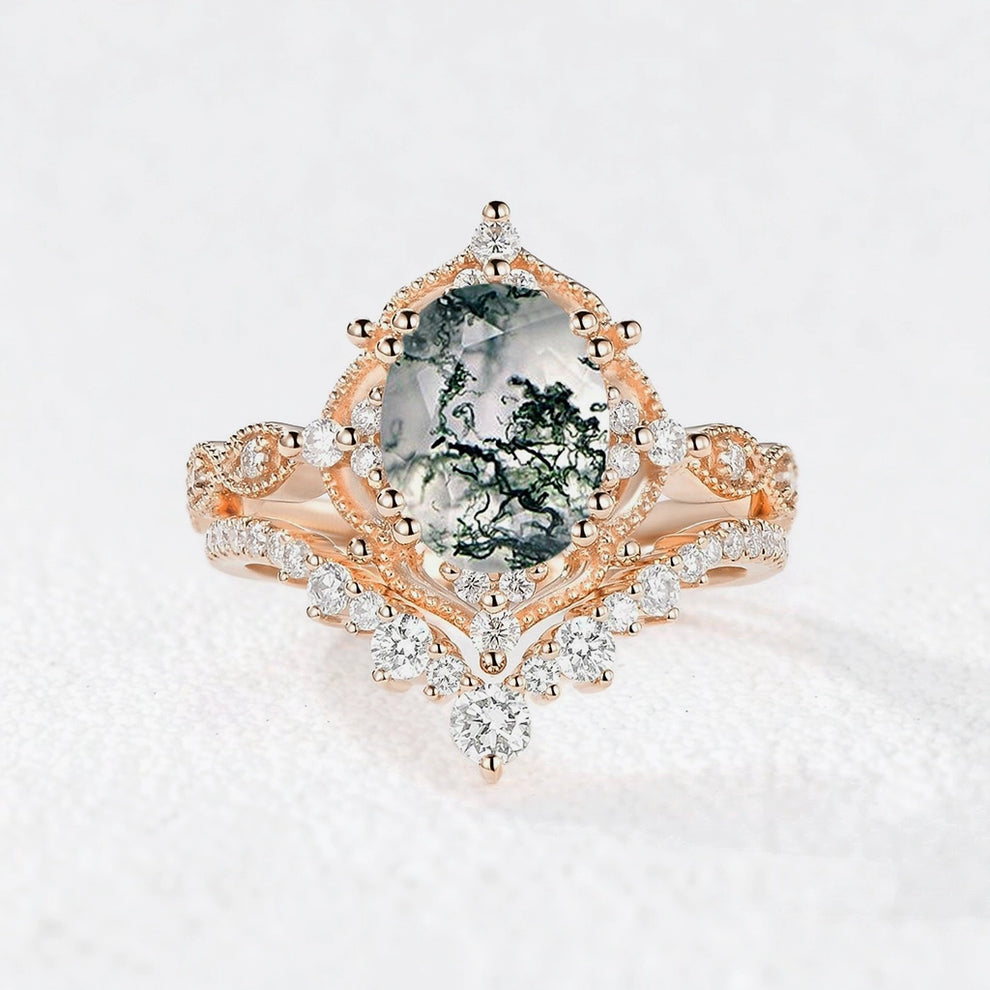 Charlotte’s Heritage | 2CT Vintage Oval Moss Agate Grand Bridal Set 2pcs