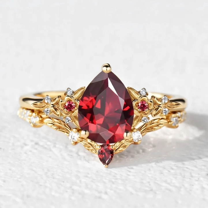 Scarlett’s Twig | Vintage Pear Red Ruby & Diamond Floral Bridal Set 2pcs.