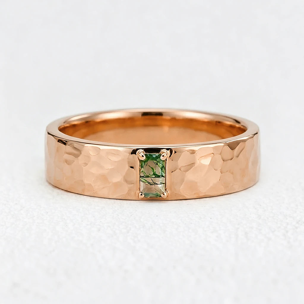 Marcus’s Keystone | Hammered Moss Agate Men’s Wedding Band