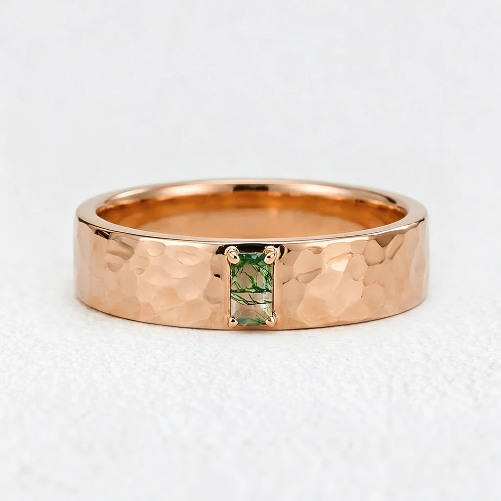 Marcus’s Keystone | Hammered Moss Agate Men’s Wedding Band