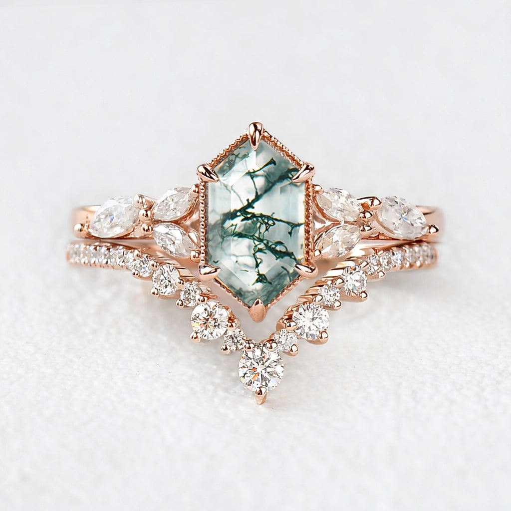 Sylvie’s Grove | Vintage Long Hexagon Moss Agate Cluster Bridal Set 2pcs.