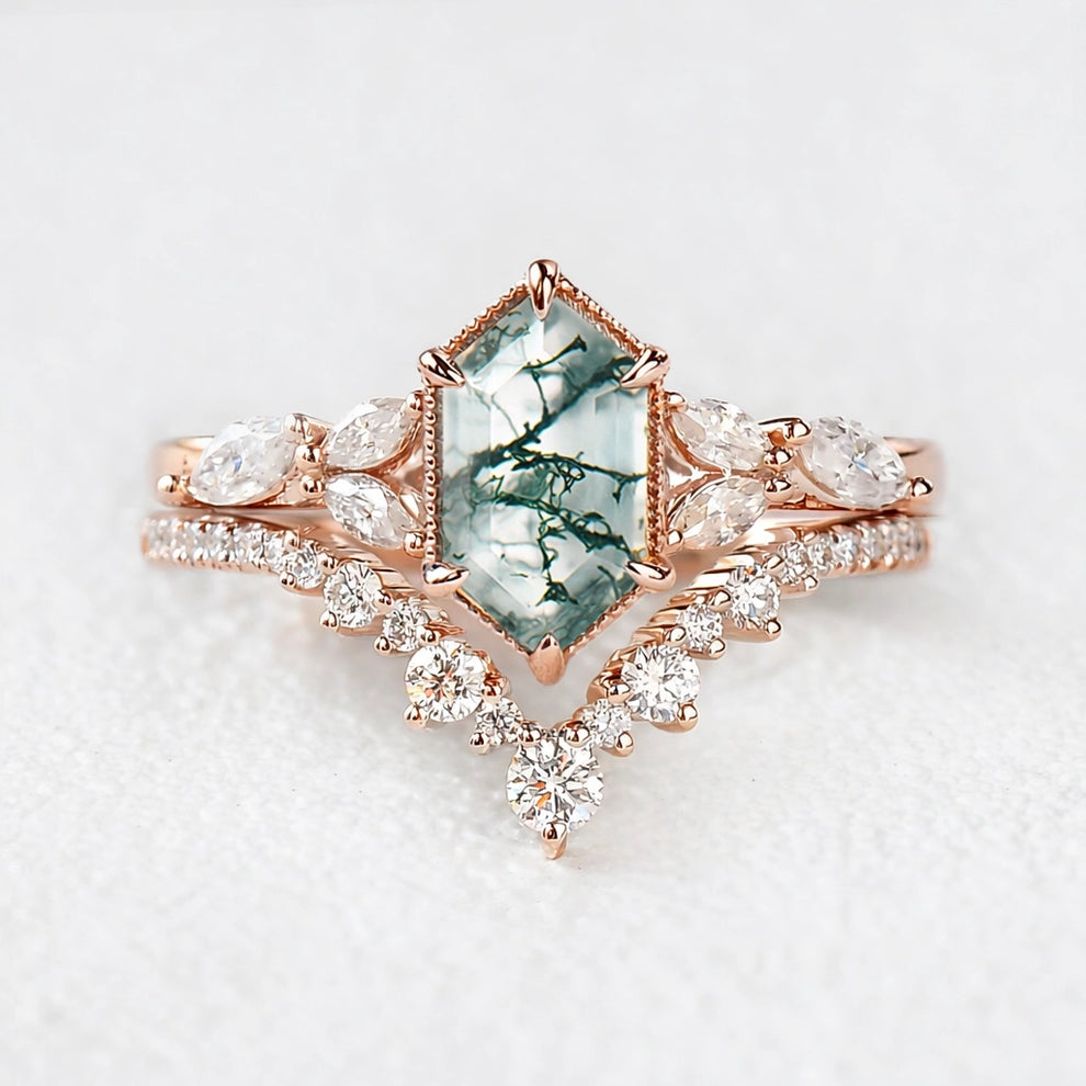 Sylvie’s Grove | Vintage Long Hexagon Moss Agate Cluster Bridal Set 2pcs.