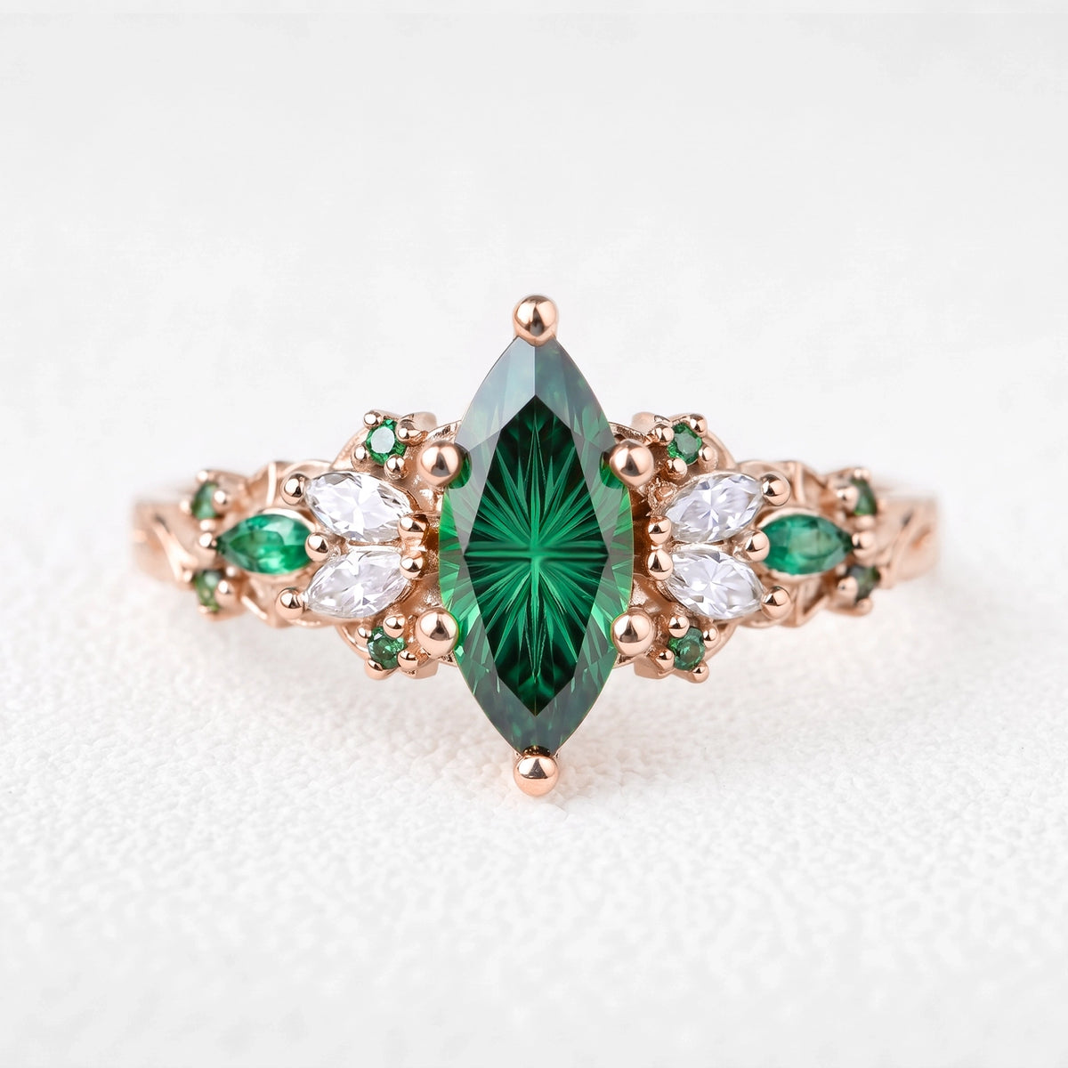 Alexandra’s Diadem | Fantasy-Cut Marquise Emerald Cluster Engagement Ring