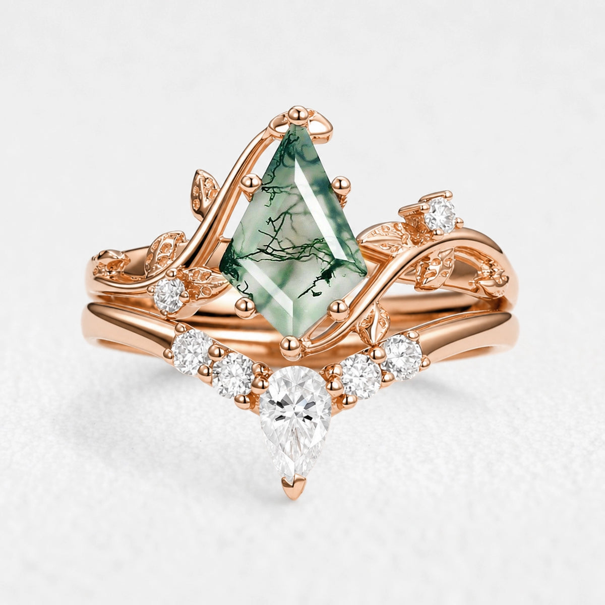 Isolde’s Hollow | Kite Cut Moss Agate Foliage Bridal Duo