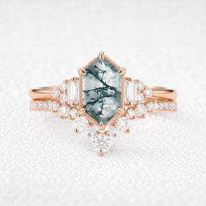 Ariadne’s Labyrinth | Elongated Hexagon-Cut Moss Agate Milgrain Chevron Bridal Set 2pcs