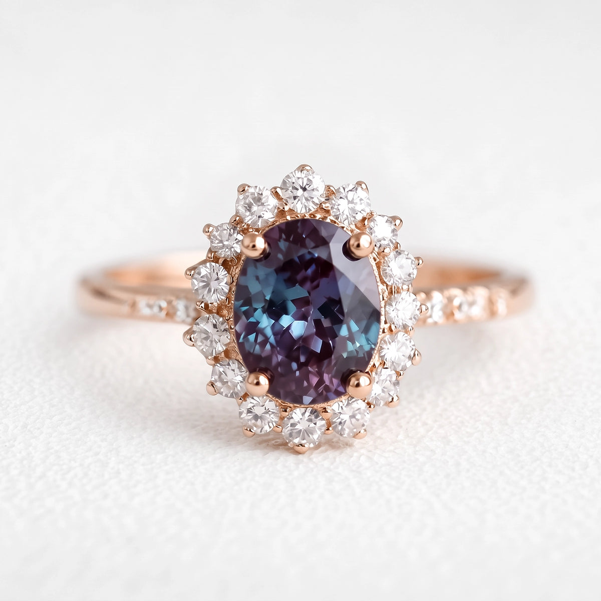 Theodora's Mirage | Oval-Cut Blue Alexandrite Halo Engagement Ring