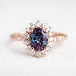 Theodora's Mirage | Oval-Cut Blue Alexandrite Halo Engagement Ring