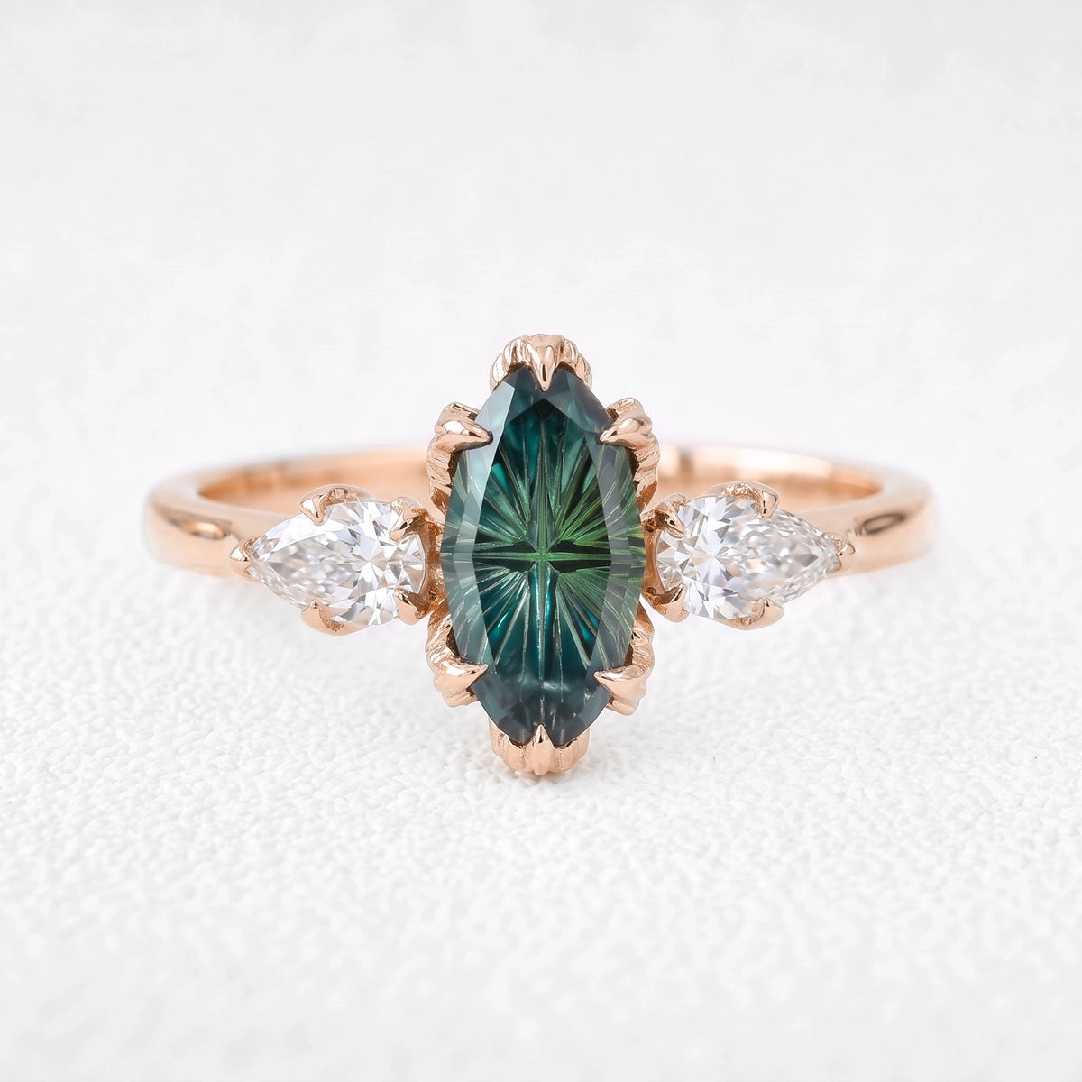 Artemis’s Viridian | Fantasy-Cut Marquise Green Sapphire Three-Stone Engagement Ring