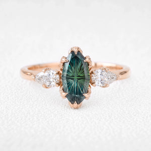 Artemis’s Viridian | Fantasy-Cut Marquise Green Sapphire Three-Stone Engagement Ring