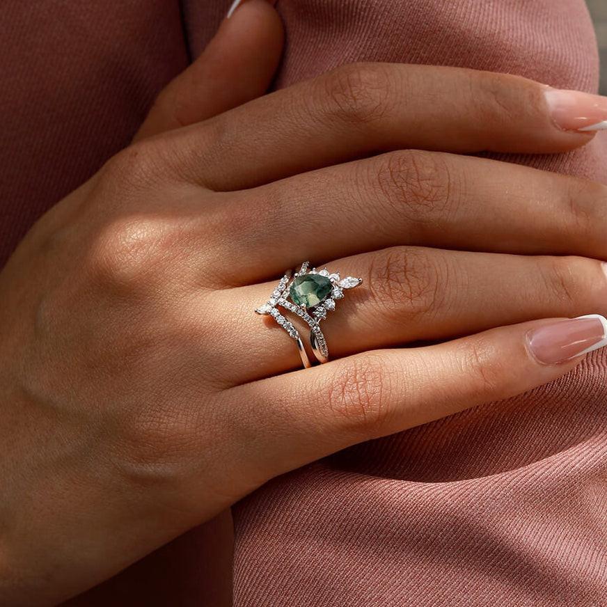Pear Stack Moss Agate Leaf Engagement Ring Set.