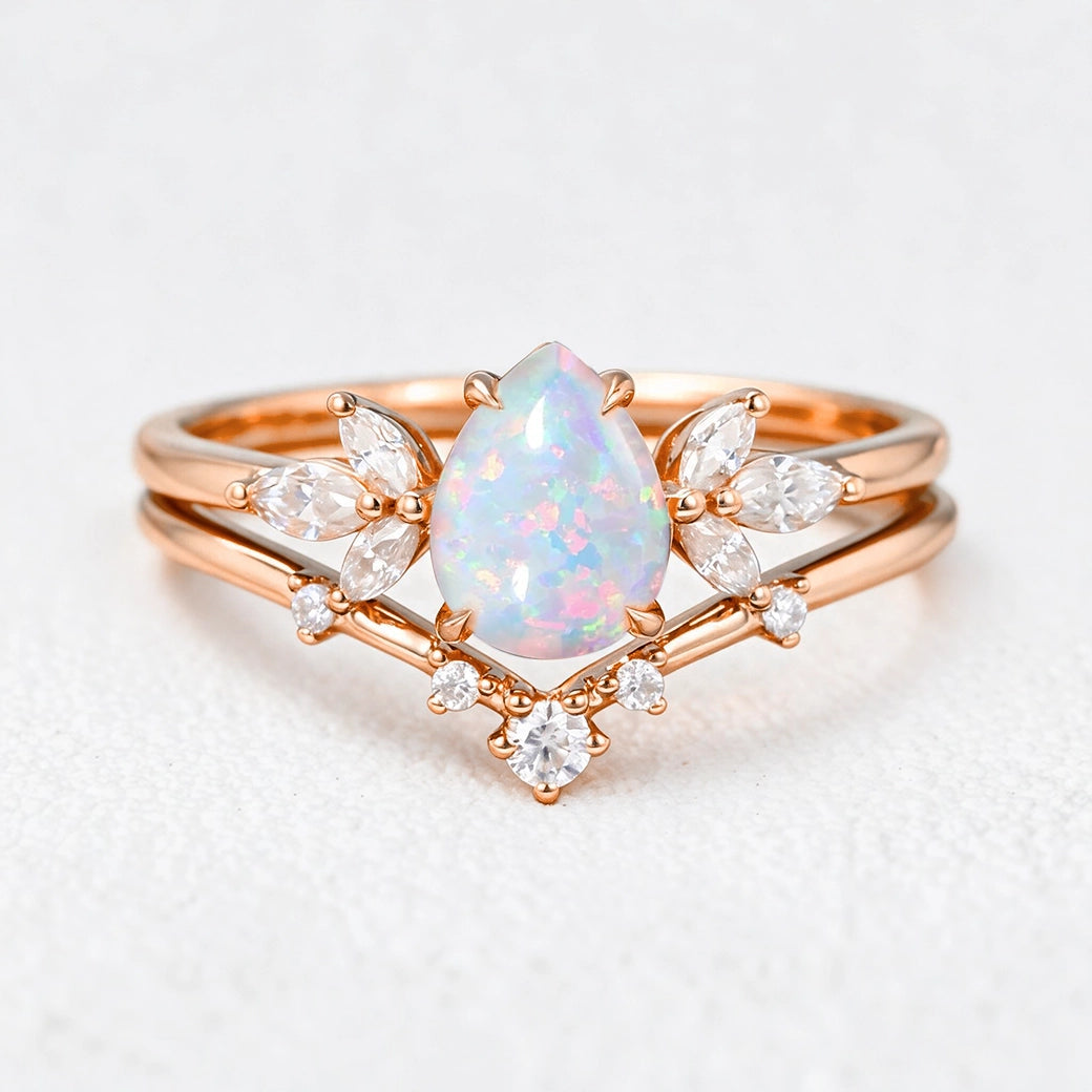Ophelia’s Mirage | Pear Opal with Moissanite Wings Bridal Duo