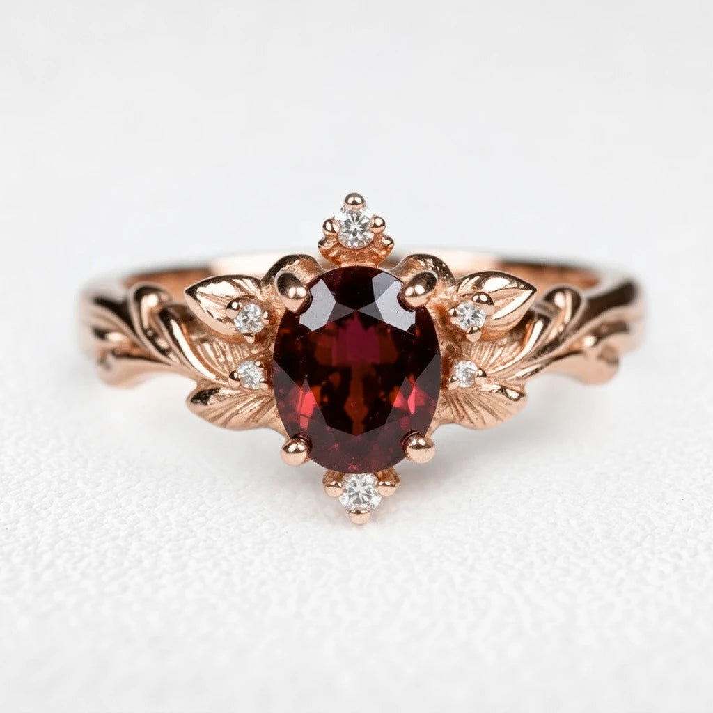 Aurora‘s Crimson | 1.5CT Oval Garnet Vintage Engagement Ring