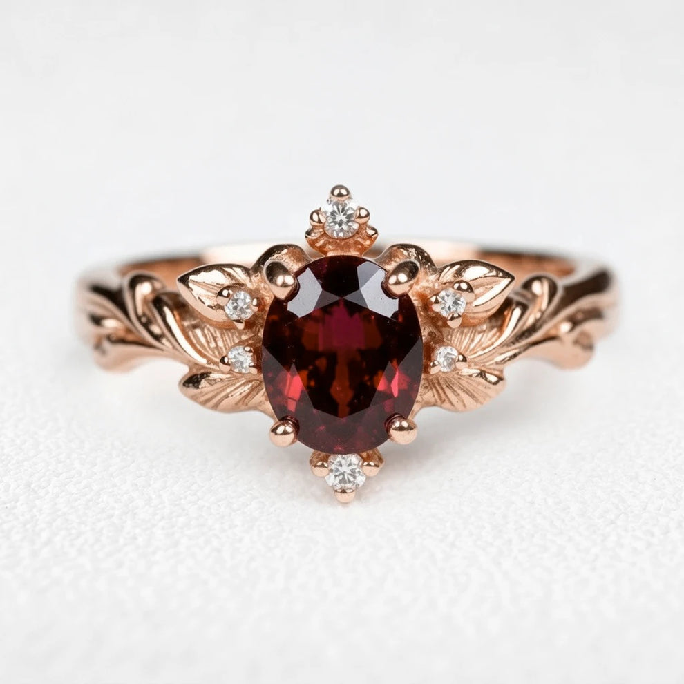 Aurora‘s Crimson | 1.5CT Oval Garnet Vintage Engagement Ring