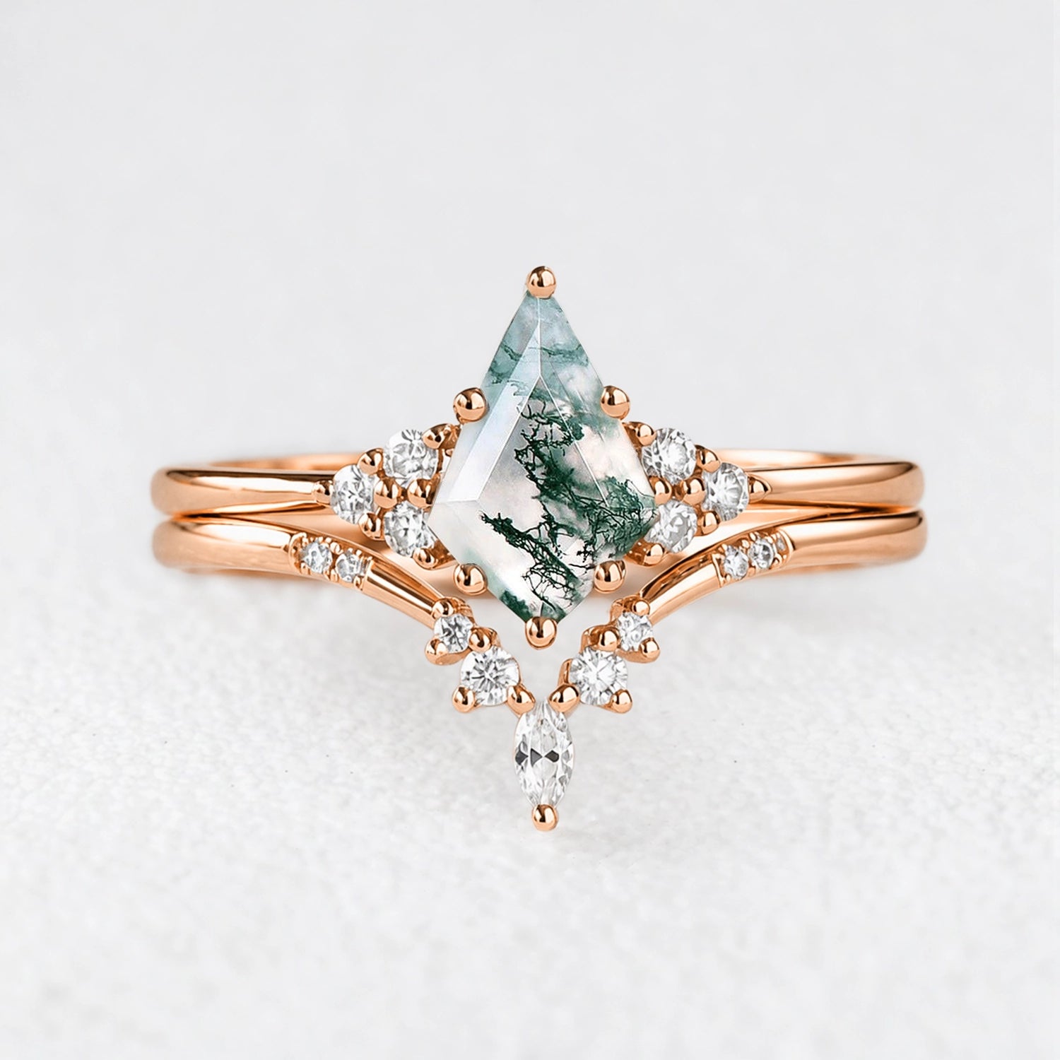 Cassandra’s Glade | Kite Cut Moss Agate & Chevron Bridal Duo