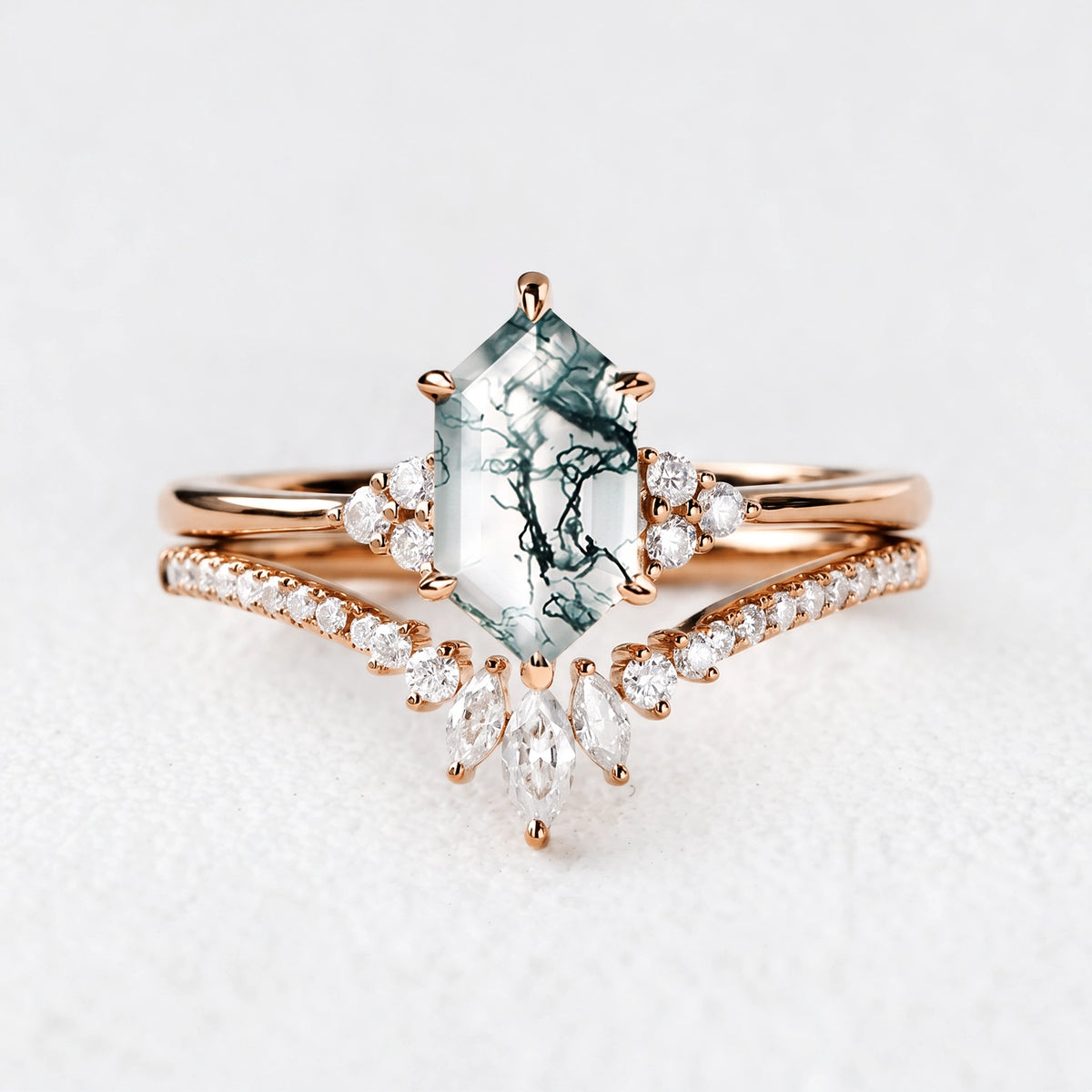 Rowan‘s Glade | Hexagon Cut Moss Agate Chevron Bridal Duo