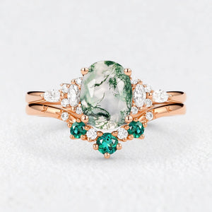 Seraphina’s Harmony | Oval Moss Agate & Lab Emerald Bridal Duo