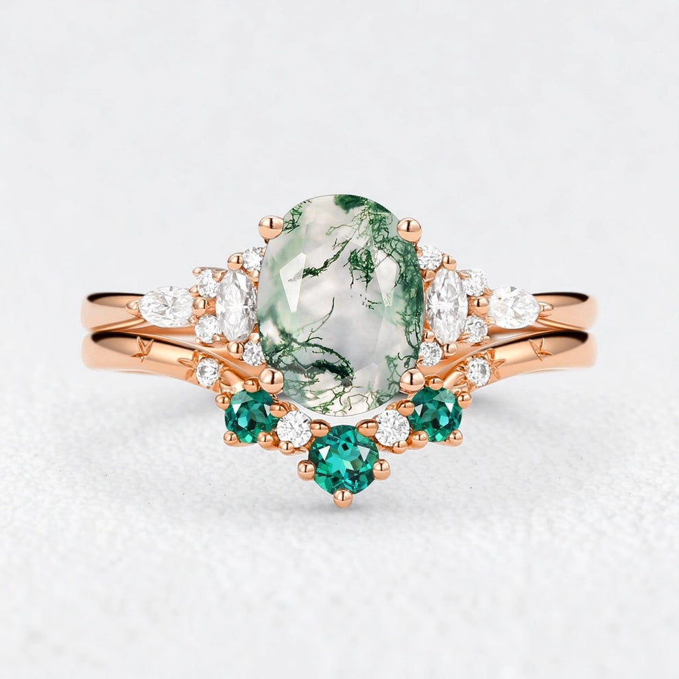 Seraphina’s Harmony | Oval Moss Agate & Lab Emerald Bridal Duo